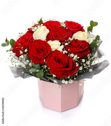 Bouquet of roses of two colors isolated on white background.