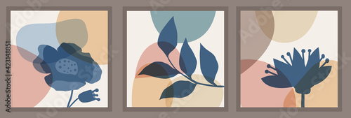 Set of templates with abstract composition of simple shapes and natural botanical elements. Collage style, minimalism. Pastel earthy colors. Vector banners for postcards and covers for social networks