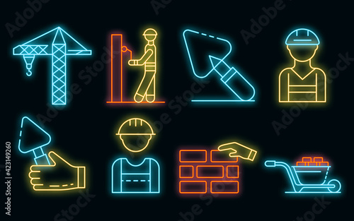 Masonry worker icons set. Outline set of masonry worker vector icons neon color on black
