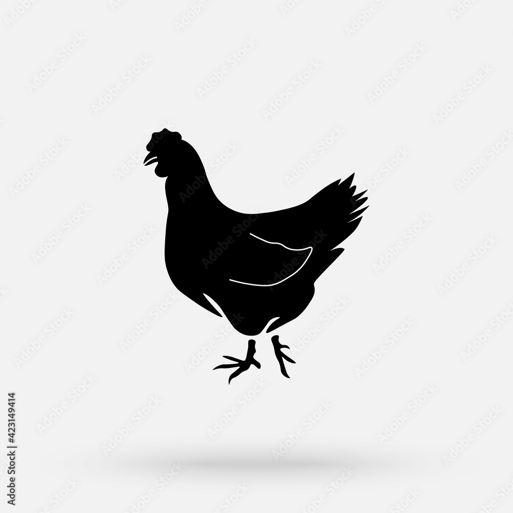 Chicken vintage logo, retro print, butcher meat shop poster, chicken silhouette. Logo template for meat business, meat shop. Isolated black silhouette chicken, white background. Illustration.