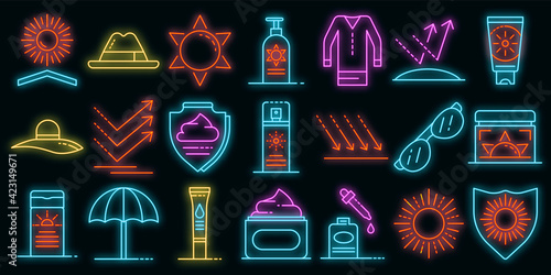 Cosmetic sun icons set. Outline set of cosmetic sun vector icons neon color on black