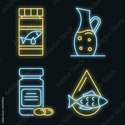 Fish oil icons set. Outline set of fish oil vector icons neon color on black