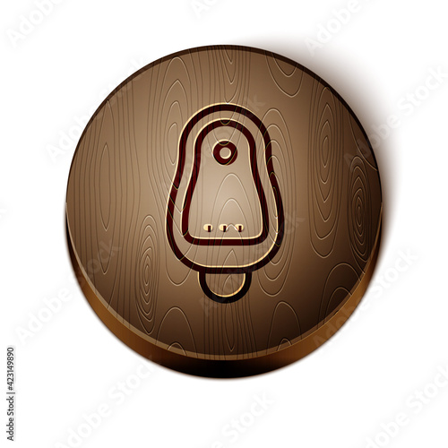 Brown line Toilet urinal or pissoir icon isolated on white background. Urinal in male toilet. Washroom, lavatory, WC. Wooden circle button. Vector