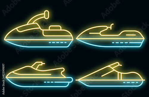 Jet ski icons set. Outline set of jet ski vector icons neon color on black