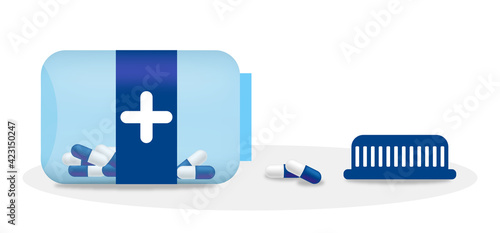 Pills in bottle scattered blue. Tablet, buttle, drugs, vitamine