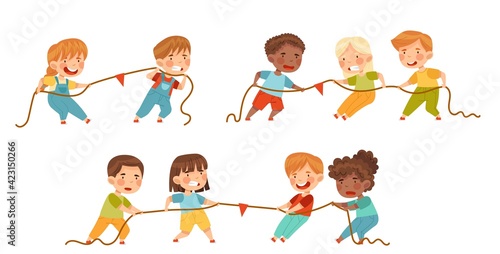 Little Kids Playing Tug of War or Rope Pulling Testing Strength Vector Set
