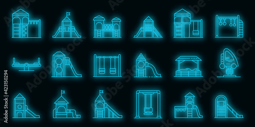 Kid playground icons set. Outline set of kid playground vector icons neon color on black