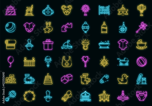 Baby items icons set. Outline set of baby items vector icons neon color on black