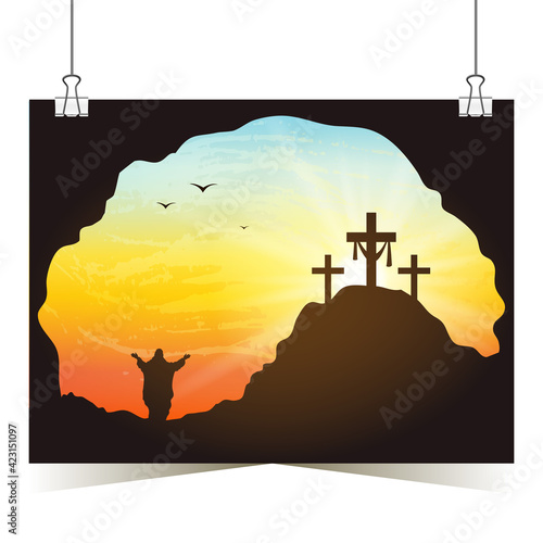 Silhouette of crosses on a mountain with sunset. Resurrection Sunday. Easter concept.	