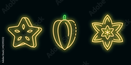 Carambola icons set. Outline set of carambola vector icons neon color on black