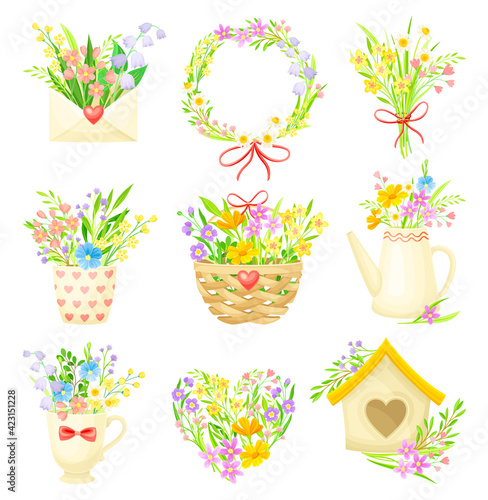 Spring Composition with Blooming Flower Bunches Rested in Flowerpot and Basket Vector Set
