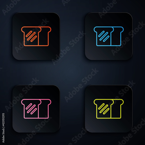 Color neon line Bread toast for sandwich piece of roasted crouton icon isolated on black background. Lunch, dinner, breakfast snack. Set icons in square buttons. Vector