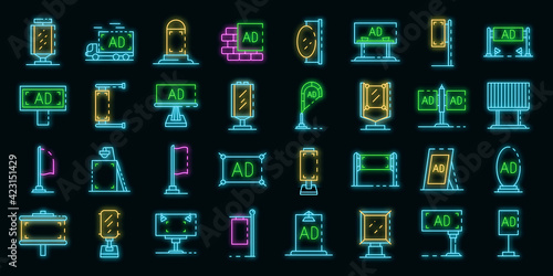 Outdoor advertising icons set. Outline set of outdoor advertising vector icons neon color on black