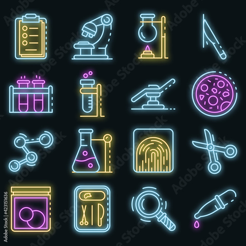Forensic laboratory icons set. Outline set of forensic laboratory vector icons neon color on black
