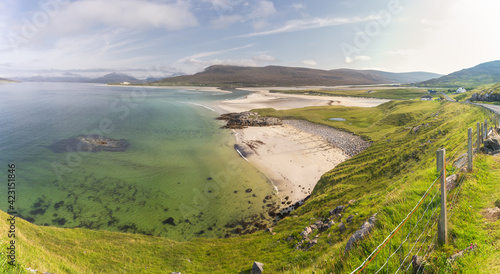 Scenic view of the Seilebost beach on West Harris. Summer season on the Outer Hebrides. photo