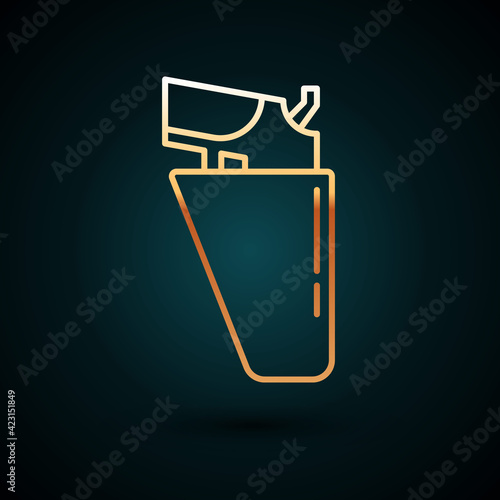Gold line Revolver gun in holster icon isolated on dark blue background. Vector