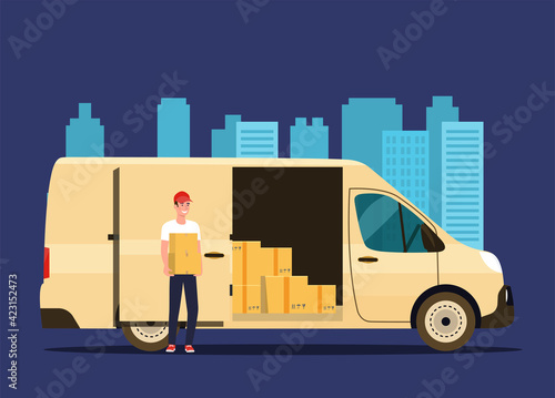 Delivery man with cardboard boxes. Cargo van. Vector flat style illustration. © lyudinka