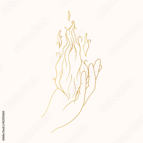 Golden Witch hand holding fire. Gold Mystical Witchcraft illustration Vector isolated celestial icon.