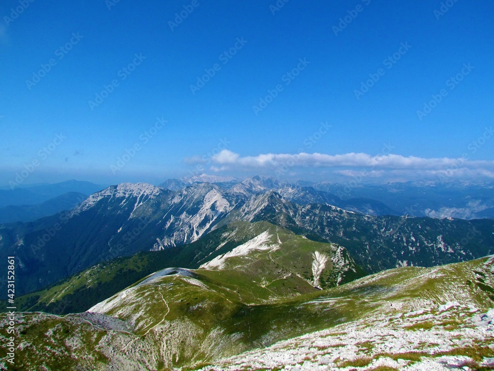 View of mountain Vogel and other peak in Julian alps and Triglav national park, Slovenia