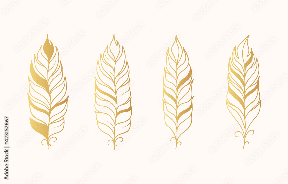 Gold Gypsy Feathers set. Golden Indian quils for dreamcatcher. Vector isolated boho illustration. Gold Gypsy Feathers set. Golden Indian quils for dreamcatcher. Vector isolated boho illustration.