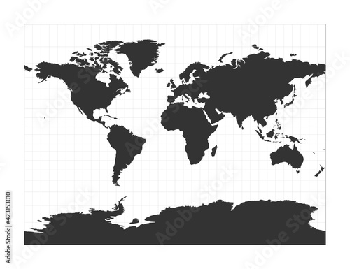 Map of the World. Miller cylindrical projection. Globe with latitude and longitude net. World map on meridians and parallels background. Vector illustration.