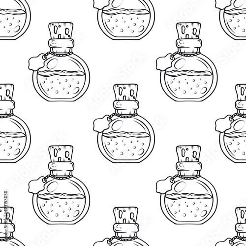 Love potion seamless pattern. Vector isolated background with elixir for witchcraft.