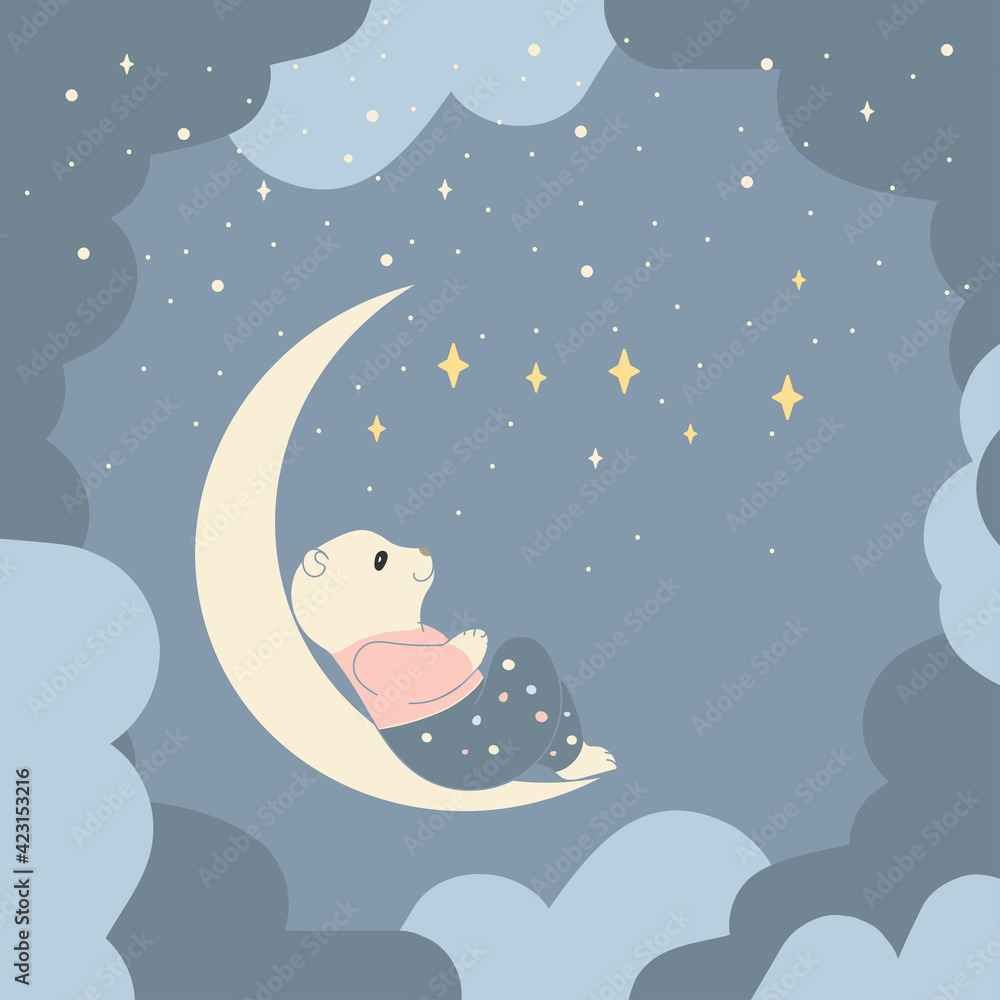 Fototapeta premium Polar bear sleeping on the moon. Vector illustration of a sleeping bear cub. Suitable for greeting cards, invitations, textiles