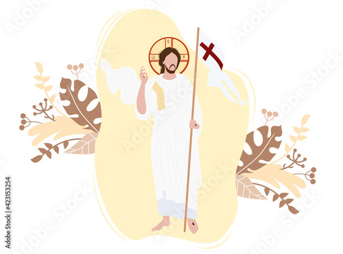 Jesus Christ. Religious big holiday - the Resurrection of Christ icon. He conquered death and was resurrected. Christ stands with the flag of victory on a background with decor. Vector illustration