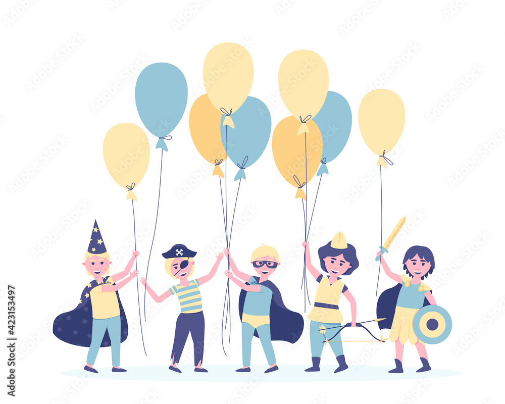Boys with balloons in carnival costumes for their birthday. To participate in the holiday, the friends changed into the costumes of the heroes. Postcard in blue. Flat vector illustration. Boys with balloons in carnival costumes for their birthday. To participate in the holiday, the friends changed into the costumes of the heroes. Postcard in blue. Flat vector illustration.
