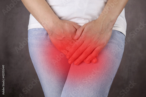 woman holds the lower abdomen, the concept of menstrual pain, diseases of female reproductive organs