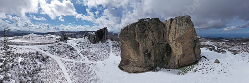 Virtual reality 180 degree panorama of the Argimusco megalithic complex near Montalbano Elicona in winter. Winter in the Sicilian mountains.