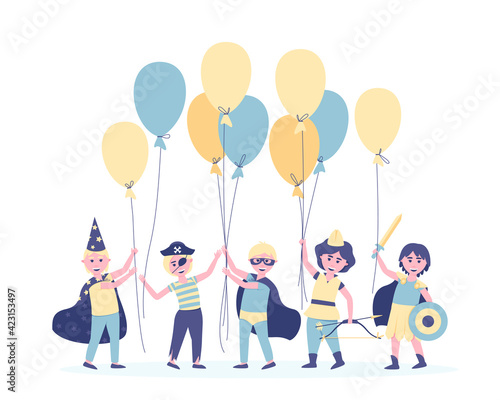 Boys with balloons in carnival costumes for their birthday. To participate in the holiday, the friends changed into the costumes of the heroes. Postcard in blue. Flat vector illustration.