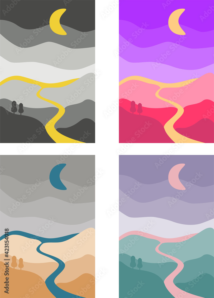 Abstract landscape colorful background. River, hills art poster set of illustration
