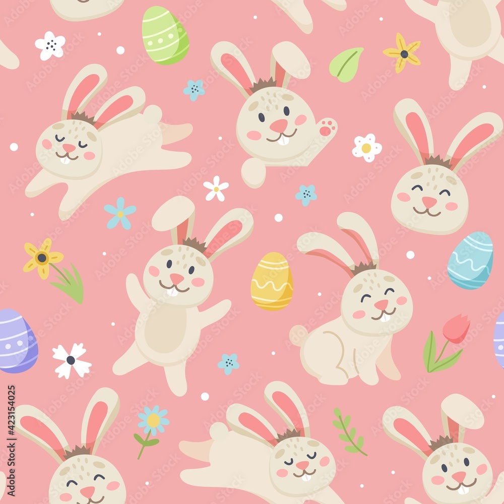 Easter bunny pattern with cute flowers and eggs. Hand drawn flat cartoon elements. Vector illustration Easter bunny pattern with cute flowers and eggs. Hand drawn flat cartoon elements. Vector illustration