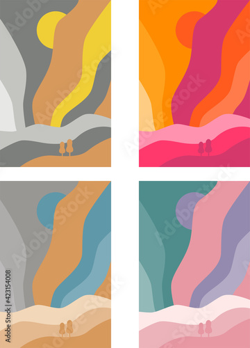 Abstract landscape colorful background. Aurora boreal art poster set of illustration