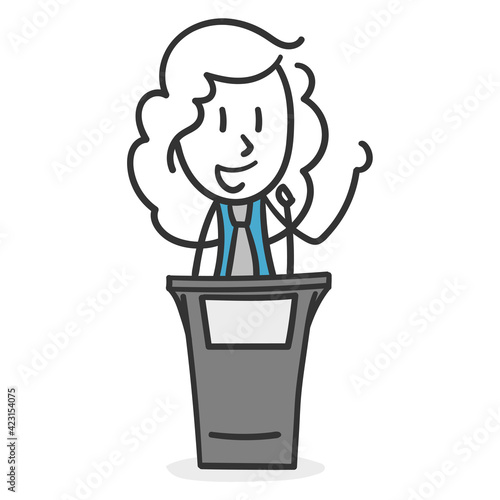 Stick girl giving a lecture. Concept of business girl speaking in public showing her ideas