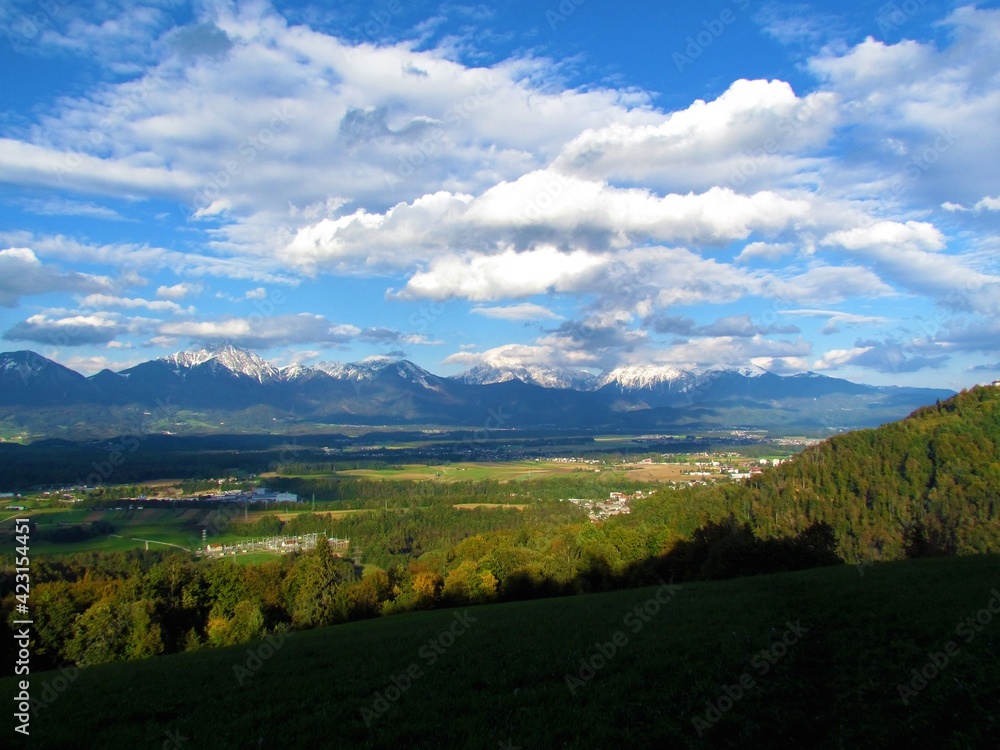 View of Gorenjska and Kranjsko polje in Slovenia with Kamnik-Savinja alps behind and beautiful clouds in the sky