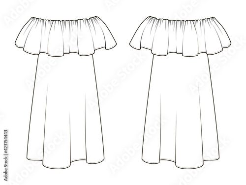 Fashion technical drawing of baby-doll ruffle shoulder dress