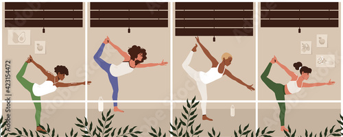 Women together in yoga class. Group of smiling active people performing gymnastic or aerobics exercise. Flat cartoon vector illustration.