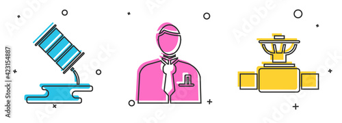 Set Barrel oil leak, Businessman or stock market trader and Industry pipe and valve icon. Vector