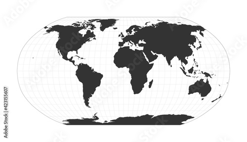 Map of the world using Robinson projection. Globe with latitude and longitude net. World map on meridians and parallels background. Vector illustration.