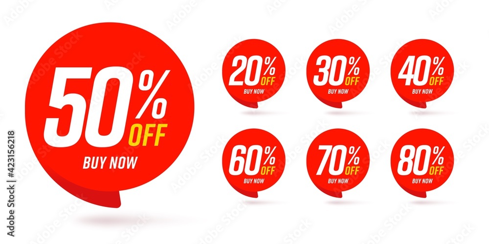 Different percent discount sticker discount price tag set. Red round speech bubble shape promote buy now with sell off up to 20, 30, 40, 50, 60, 70, 80 percentage vector illustration isolated on white