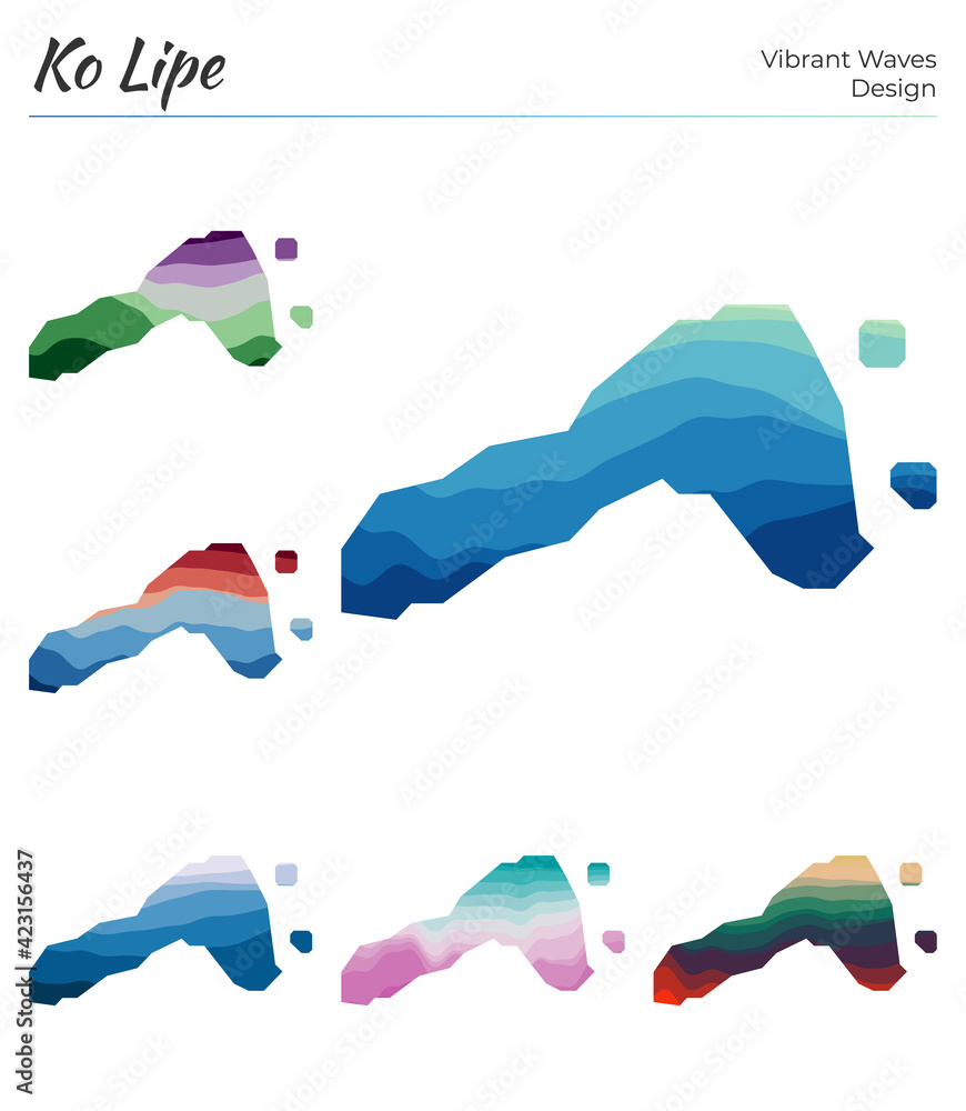 Set of vector maps of Ko Lipe. Vibrant waves design. Bright map of the island in geometric smooth curves style. Beautiful vector illustration. Set of vector maps of Ko Lipe. Vibrant waves design. Bright map of the island in geometric smooth curves style. Beautiful vector illustration.