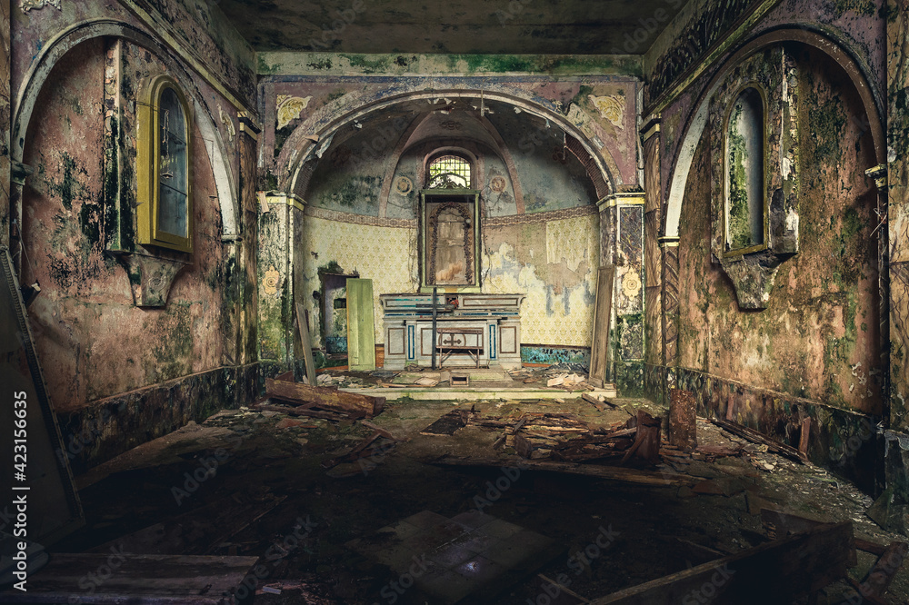 nterior of an abandoned village in Italy, church and objects nterior of an abandoned village in Italy, church and objects