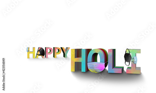 happy holi 3d rendered text with protective face mask for corona virus in in white background