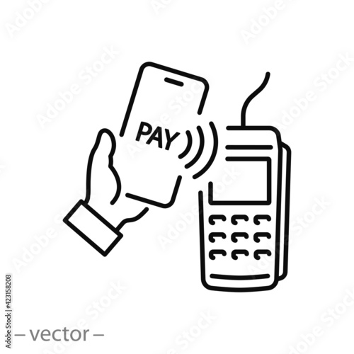 cashless payment icon, contactless pay, pos terminal and phone, mobile nfc, digital buy, linear sign isolated on white background - editable illustration eps10