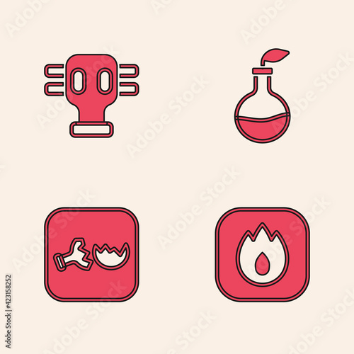 Set Fire flame, Gas mask, Plant breeding and Broken flask icon. Vector