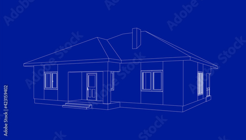 Perspective 3D suburban house. Drawing of the modern building. Cottage project on blue background. Vector architectural blueprint.
