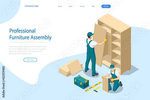 Isometric workers of manufacture with professional tools during furniture assembly. Furniture assembly concept.