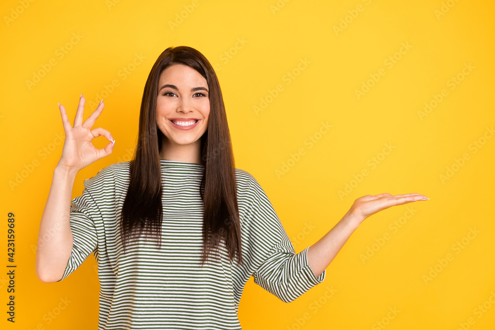 Portrait of attractive cheerful glad girl showing ok-sign holding copy empty space on palm isolated over bright yellow color background Portrait of attractive cheerful glad girl showing ok-sign holding copy empty space on palm isolated over bright yellow color background